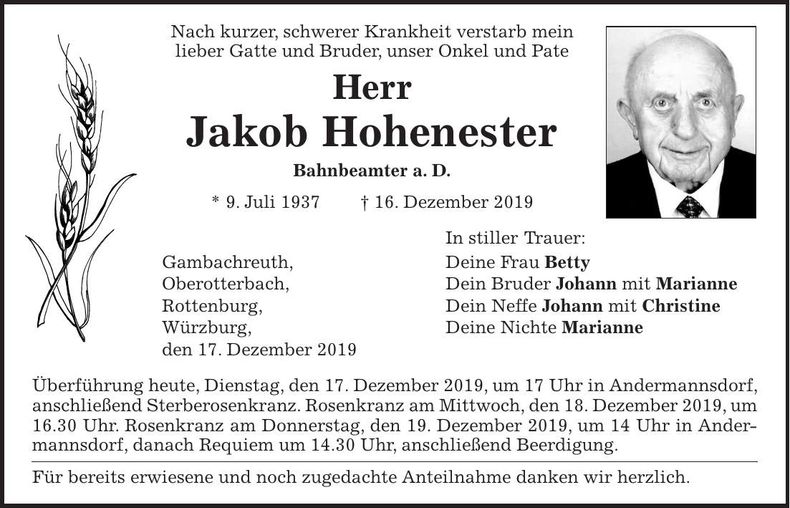 Traueranzeige Jakob Hohenester