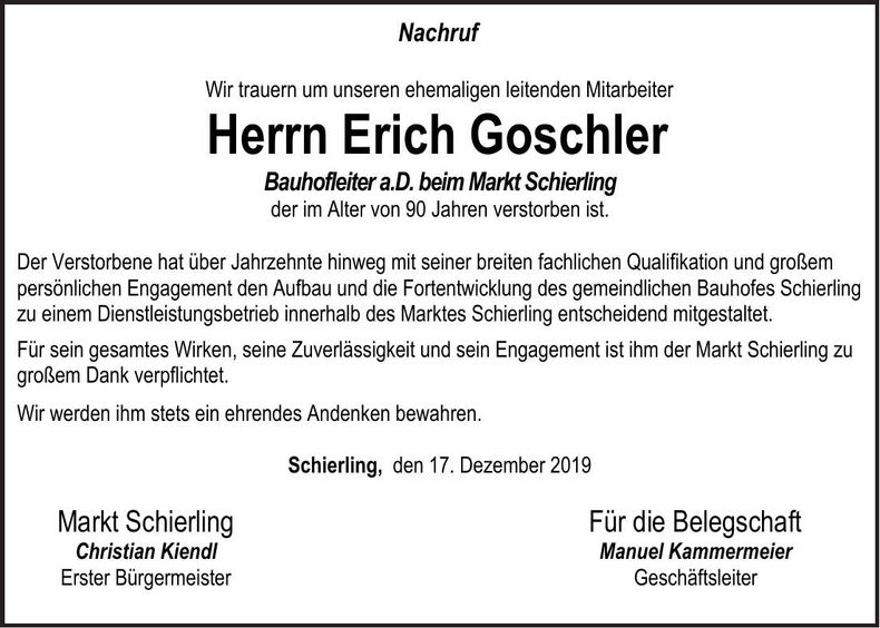 Traueranzeige Erich Goschler