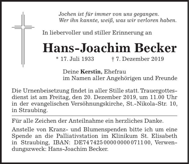 Traueranzeige Hans-Joachim Becker