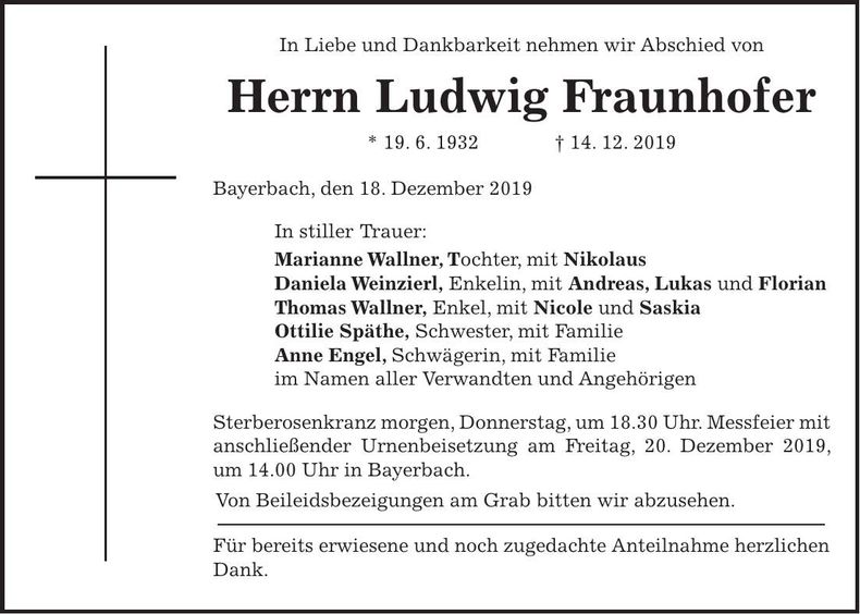 Traueranzeige Ludwig Fraunhofer