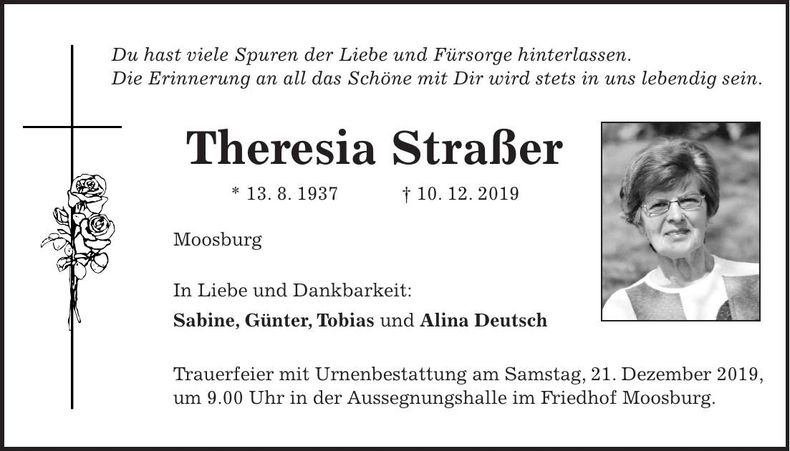 Traueranzeige Theresia Straßer