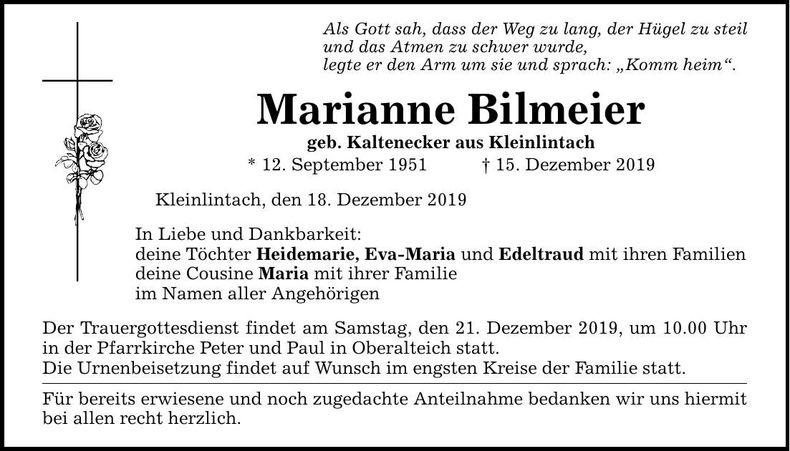 Traueranzeige Marianne Bilmeier