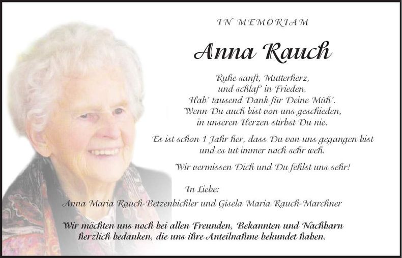Traueranzeige Anna Rauch