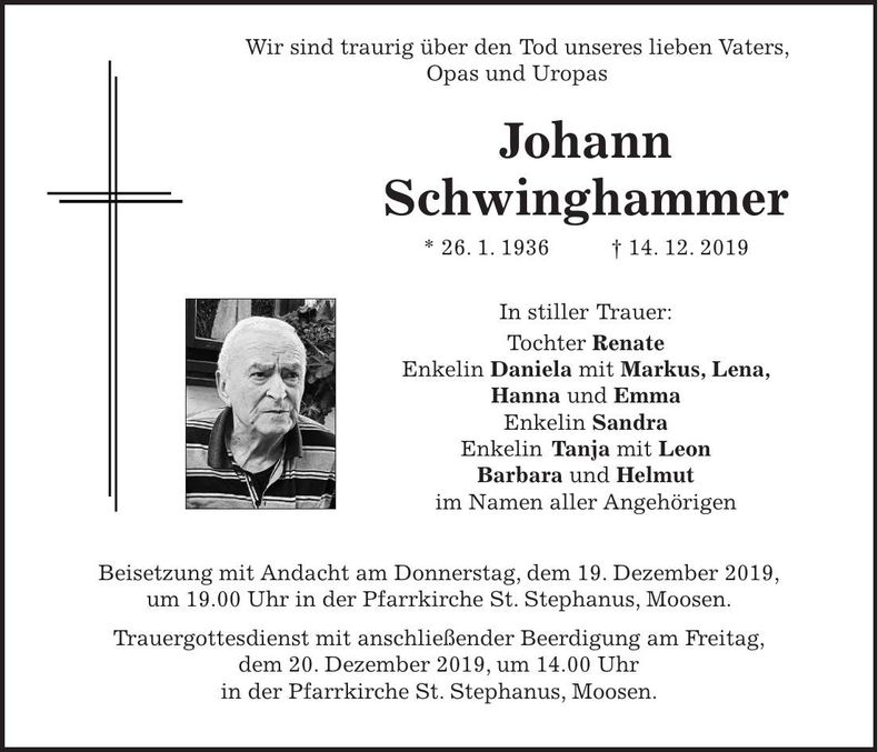 Traueranzeige Johann Schwinghammer