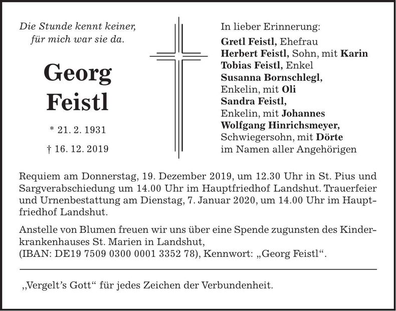 Traueranzeige Georg Feistl