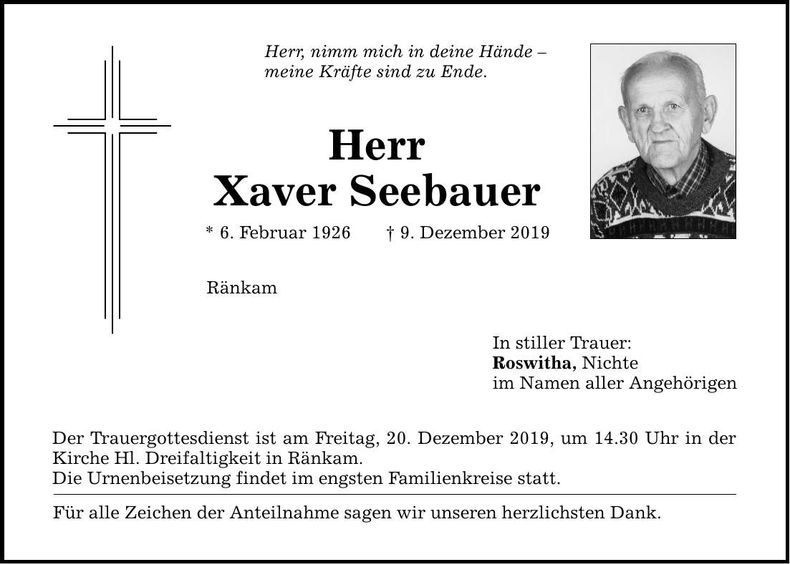 Traueranzeige Xaver Seebauer