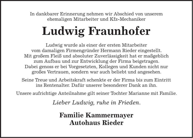 Traueranzeige Ludwig Fraunhofer