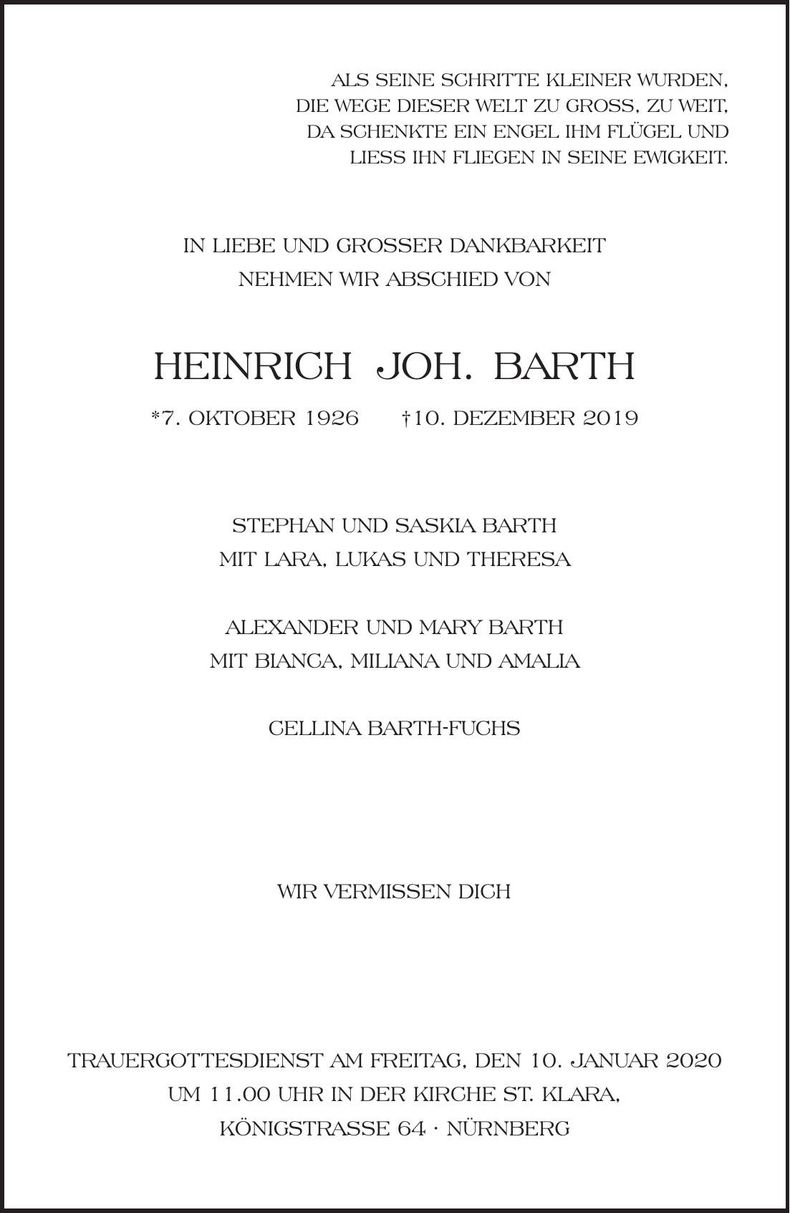 Traueranzeige Heinrich Joh. Barth