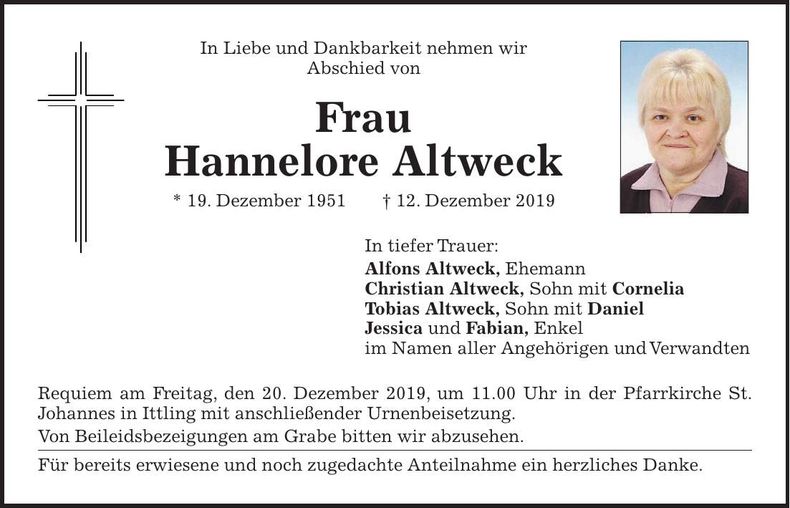 Traueranzeige Hannelore Altweck