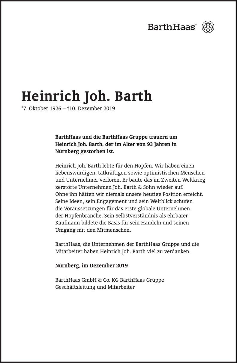 Traueranzeige Heinrich Joh. Barth