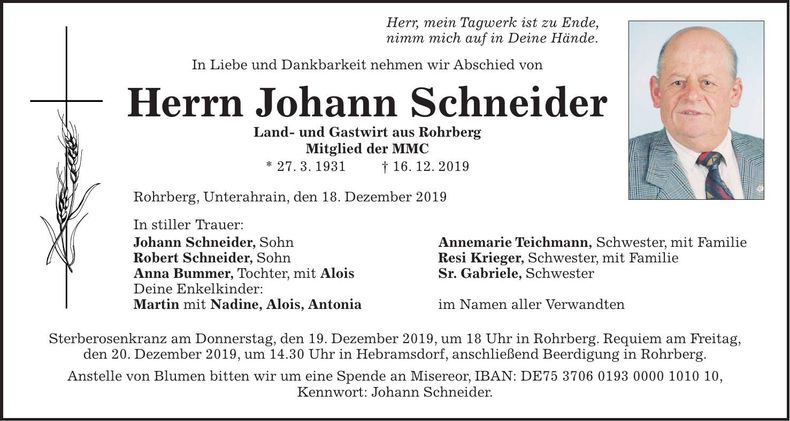 Traueranzeige Johann Schneider