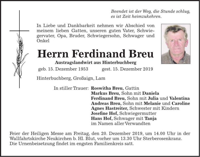 Traueranzeige Ferdinand Breu