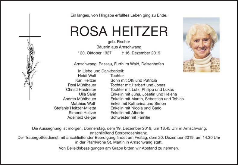 Traueranzeige Rosa Heitzer