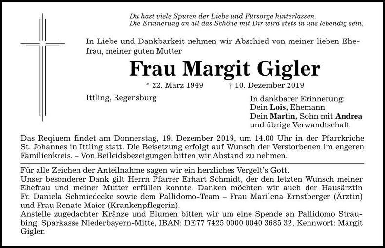 Traueranzeige Margit Gigler