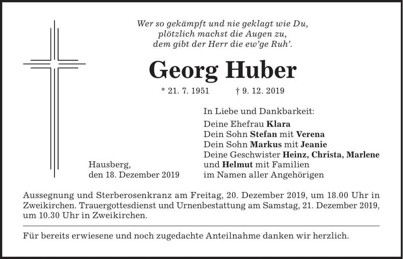 Traueranzeige Georg Huber