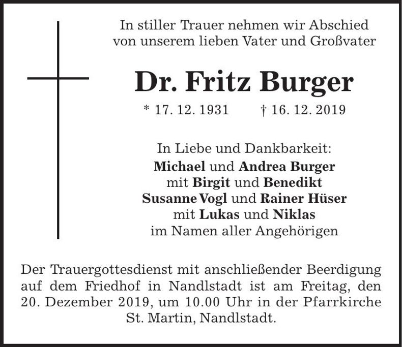 Traueranzeige Fritz Burger