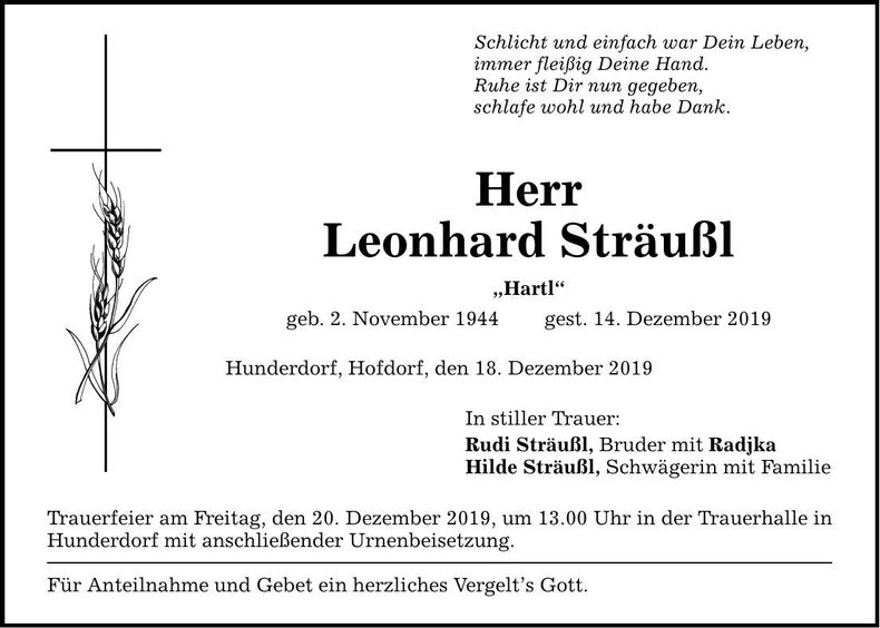 Traueranzeige Leonhard Sträußl