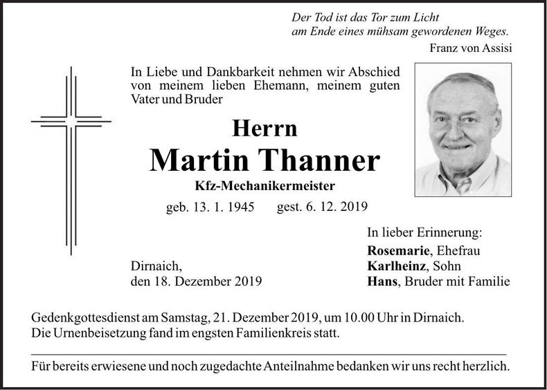 Traueranzeige Martin Thanner