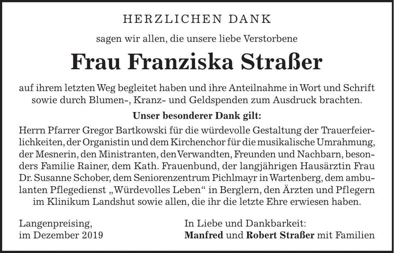 Traueranzeige Franziska Straßer