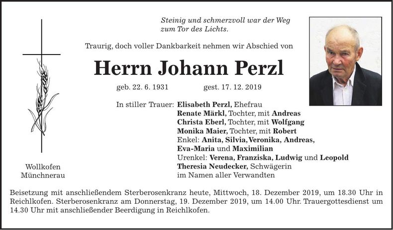 Traueranzeige Johann Perzl