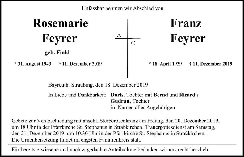 Traueranzeige Rosemarie u. Franz Freyer