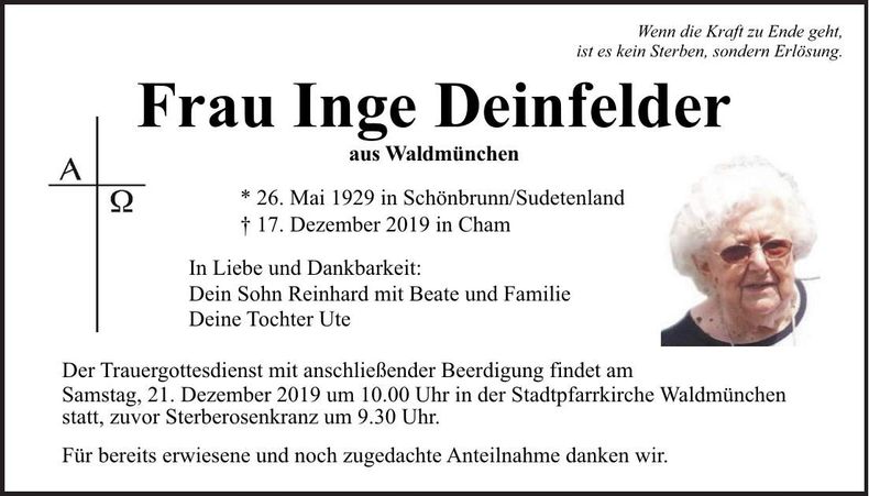 Traueranzeige Inge Deinfelder