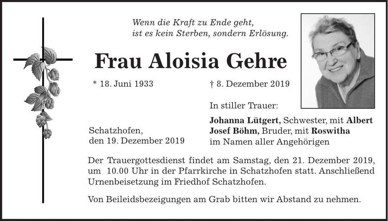 Traueranzeige Aloisia Gehre