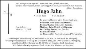 Traueranzeige Hugo Jahn