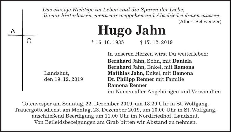 Traueranzeige Hugo Jahn
