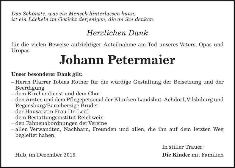Traueranzeige Johann Petermaier