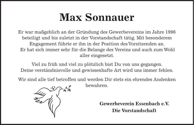 Traueranzeige Max Sonnauer