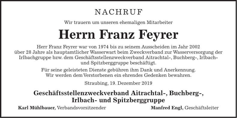 Traueranzeige Franz Feyrer
