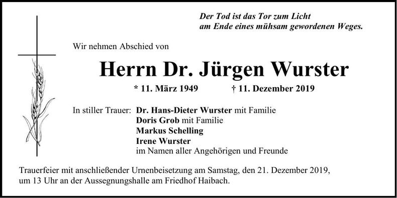 Traueranzeige Jürgen Wurster