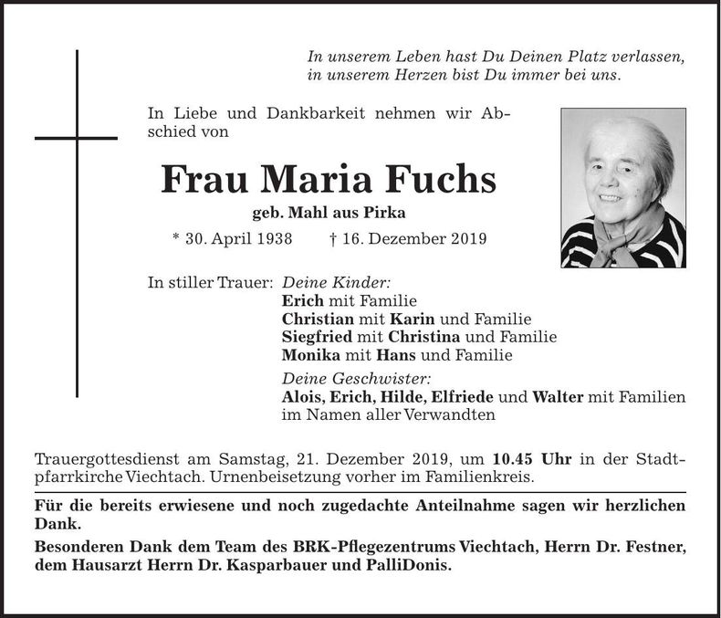 Traueranzeige Maria Fuchs