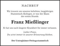 Traueranzeige Franz Mieslinger