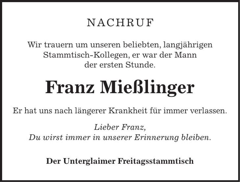 Traueranzeige Franz Mieslinger
