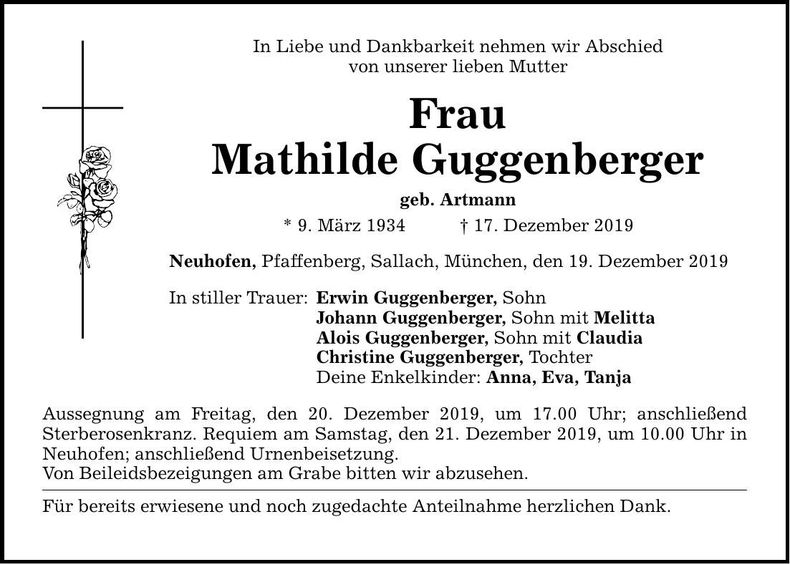 Traueranzeige Mathilde Guggenberger
