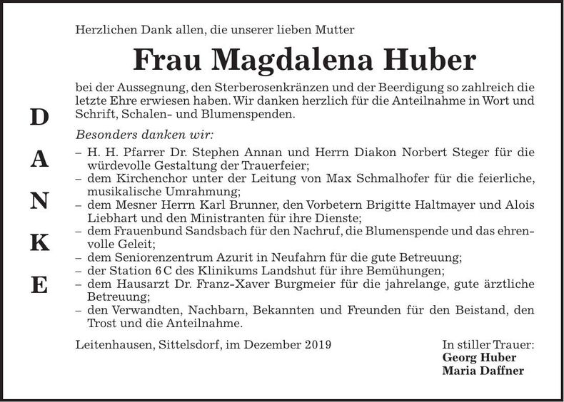Traueranzeige Magdalena Huber