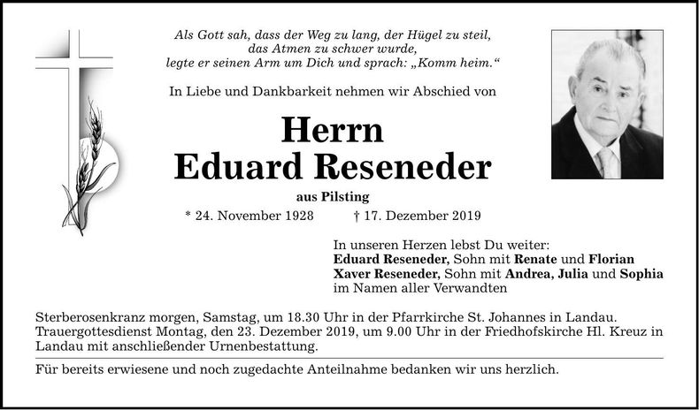 Traueranzeige Eduard Reseneder