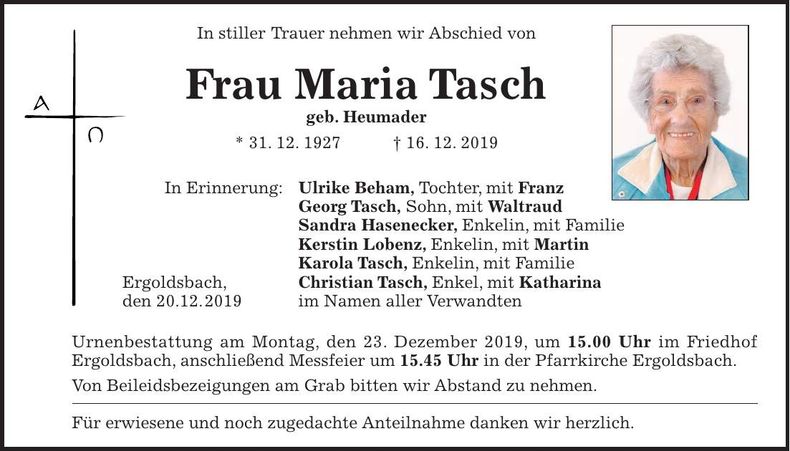 Traueranzeige Maria Tasch