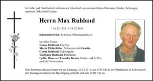 Traueranzeige Max Ruhland