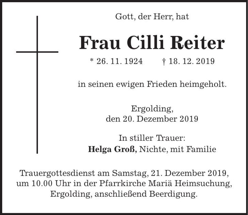 Traueranzeige Cilli Reiter