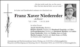Traueranzeige Xaver Niedereder