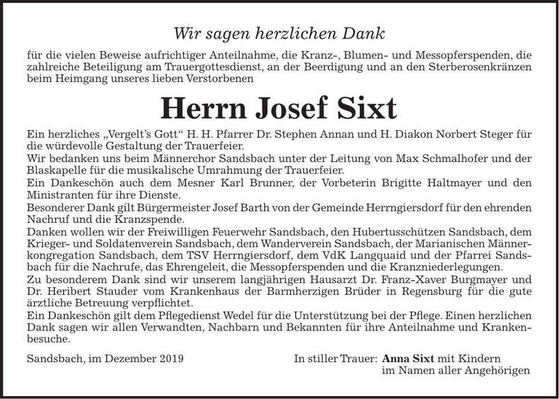 Traueranzeige Josef Sixt