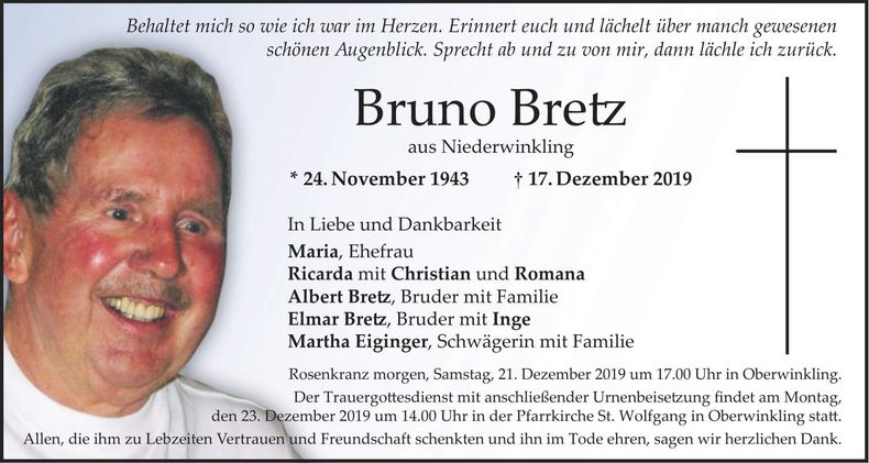 Traueranzeige Bruno Bertz