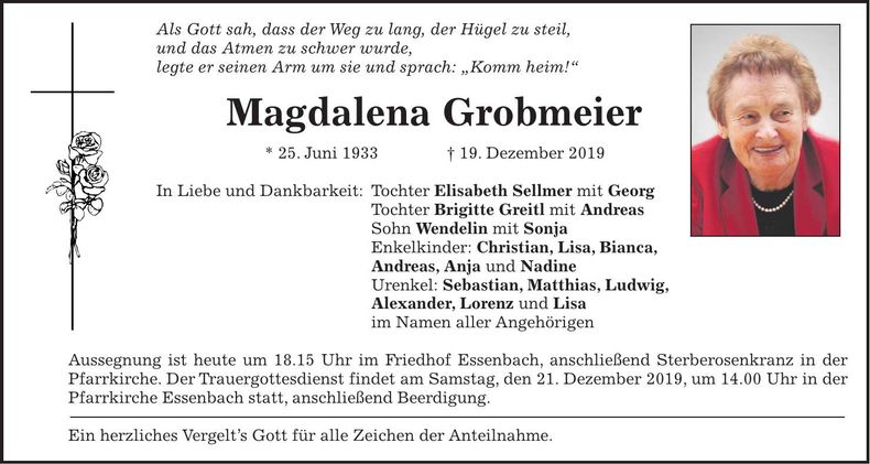 Traueranzeige Magdalena Grobmeier
