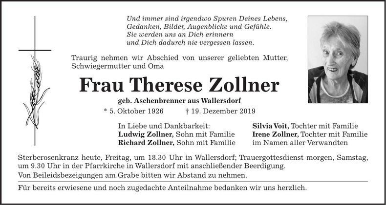 Traueranzeige Therese Zollner