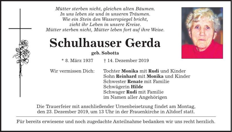 Traueranzeige Gerda Schulhauser