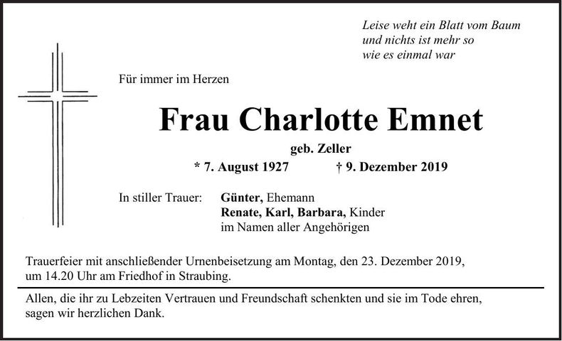 Traueranzeige Charlotte Emnet