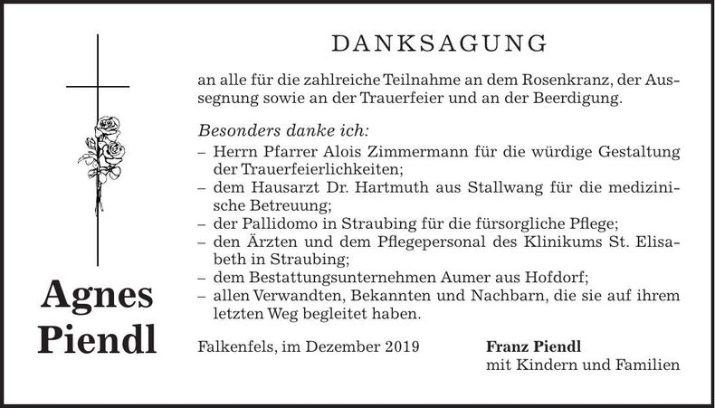 Traueranzeige Agnes Piendl